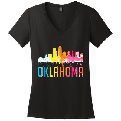 Oklahoma City Ok Retro Watercolor Skyline Art Souvenir Gift Women's V-Neck T-Shirt