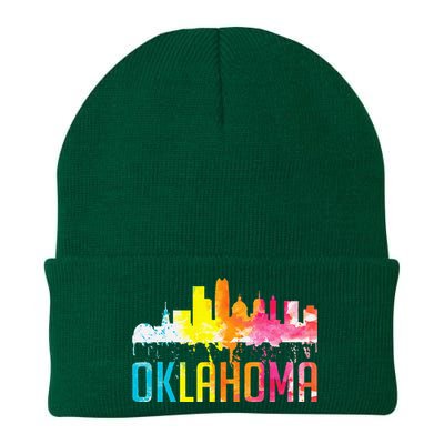 Oklahoma City Ok Retro Watercolor Skyline Art Souvenir Gift Knit Cap Winter Beanie