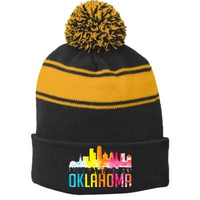 Oklahoma City Ok Retro Watercolor Skyline Art Souvenir Gift Stripe Pom Pom Beanie