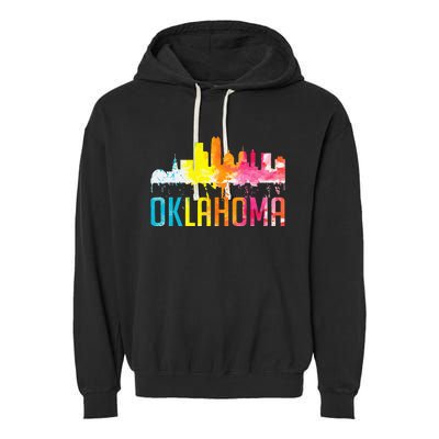 Oklahoma City Ok Retro Watercolor Skyline Art Souvenir Gift Garment-Dyed Fleece Hoodie