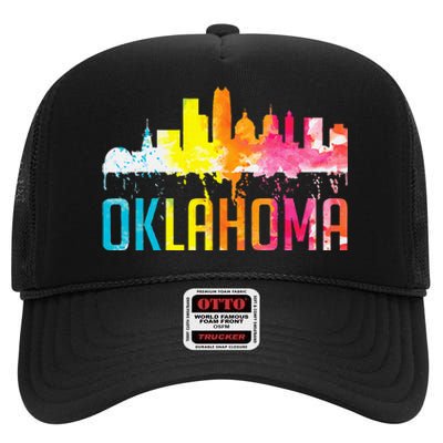 Oklahoma City Ok Retro Watercolor Skyline Art Souvenir Gift High Crown Mesh Back Trucker Hat