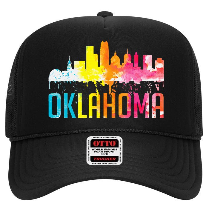 Oklahoma City Ok Retro Watercolor Skyline Art Souvenir Gift High Crown Mesh Back Trucker Hat