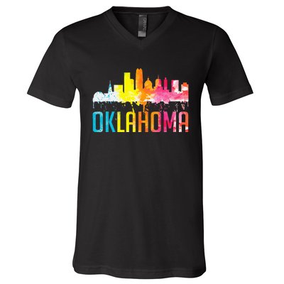 Oklahoma City Ok Retro Watercolor Skyline Art Souvenir Gift V-Neck T-Shirt