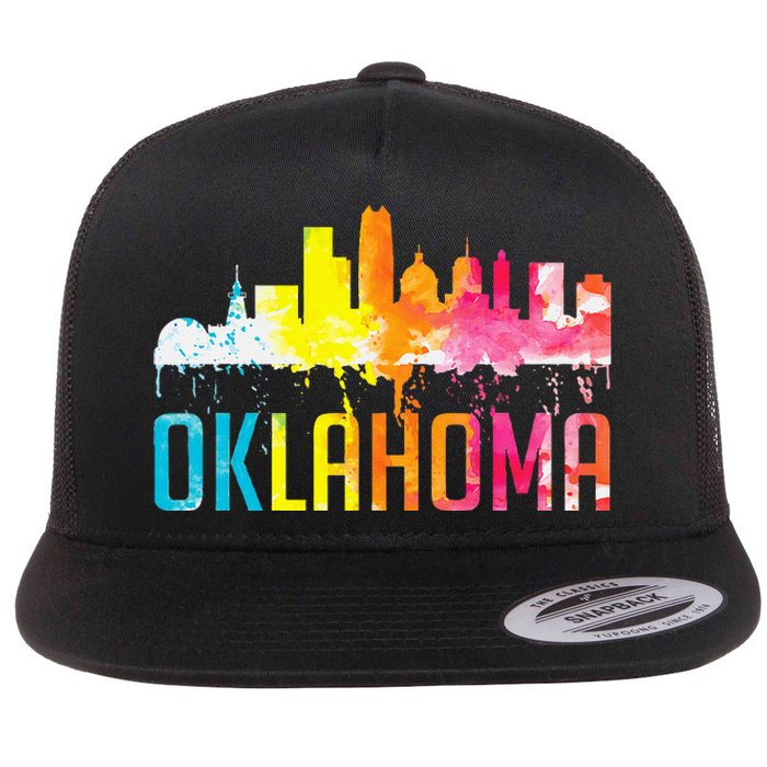 Oklahoma City Ok Retro Watercolor Skyline Art Souvenir Gift Flat Bill Trucker Hat