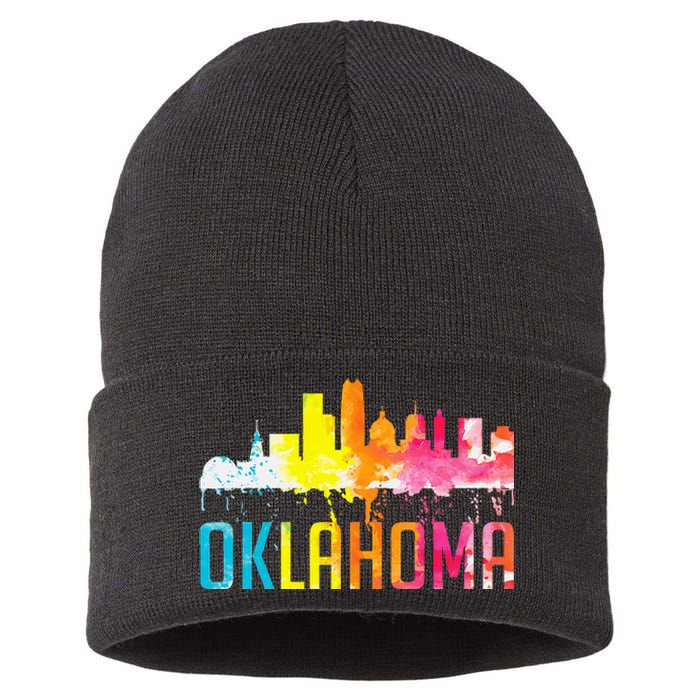 Oklahoma City Ok Retro Watercolor Skyline Art Souvenir Gift Sustainable Knit Beanie