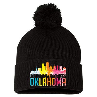 Oklahoma City Ok Retro Watercolor Skyline Art Souvenir Gift Pom Pom 12in Knit Beanie