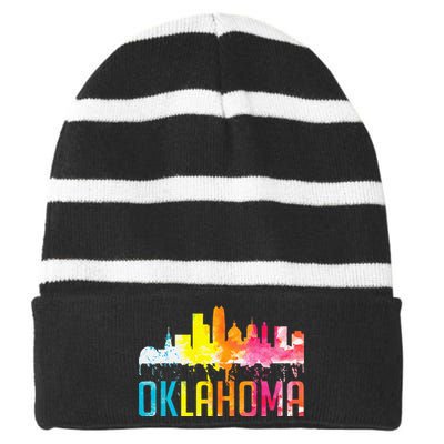 Oklahoma City Ok Retro Watercolor Skyline Art Souvenir Gift Striped Beanie with Solid Band