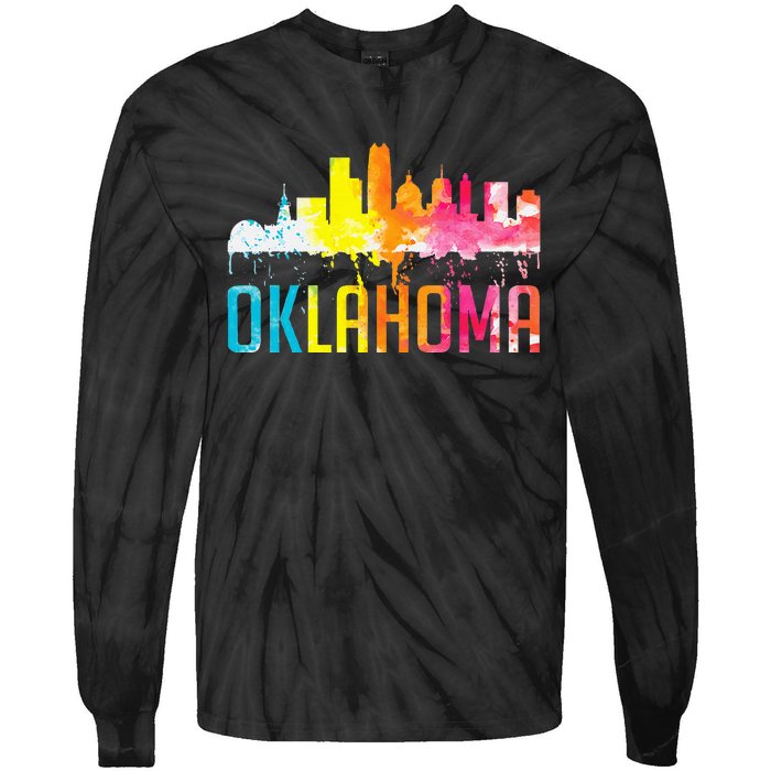 Oklahoma City Ok Retro Watercolor Skyline Art Souvenir Gift Tie-Dye Long Sleeve Shirt