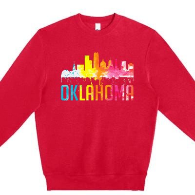 Oklahoma City Ok Retro Watercolor Skyline Art Souvenir Gift Premium Crewneck Sweatshirt