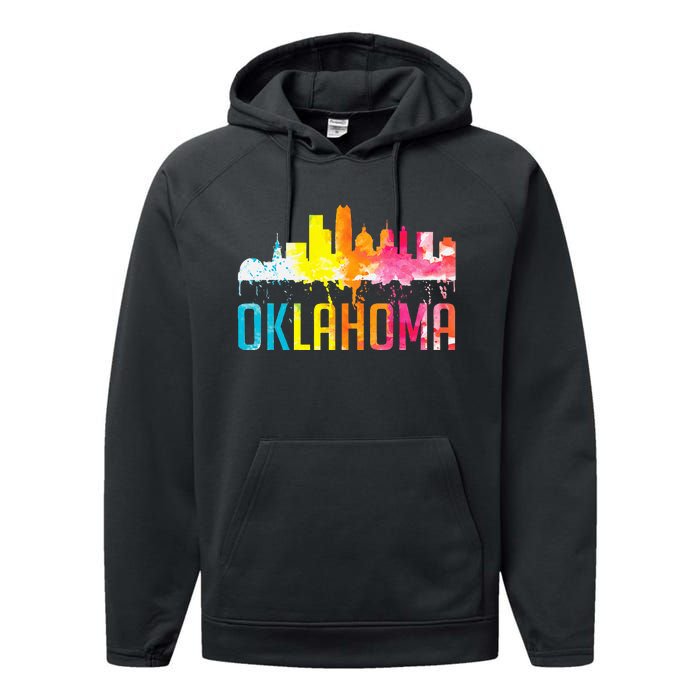 Oklahoma City Ok Retro Watercolor Skyline Performance Fleece Hoodie