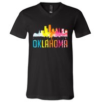 Oklahoma City Ok Retro Watercolor Skyline V-Neck T-Shirt