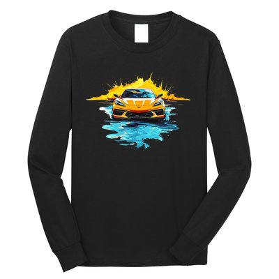 Orange C8 Racecar Splatter Art Long Sleeve Shirt