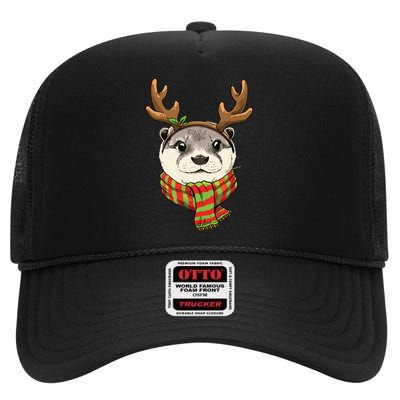 Otter Christmas Reindeer Antlers Xmas Boy Girl High Crown Mesh Back Trucker Hat