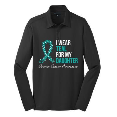 Ovarian Cancer Ribbon I Wear Teal For My Daughter Support Silk Touch Performance Long Sleeve Polo