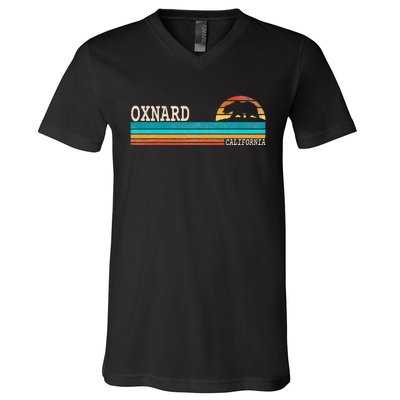 Oxnard California State Bear Retro Sunset V-Neck T-Shirt