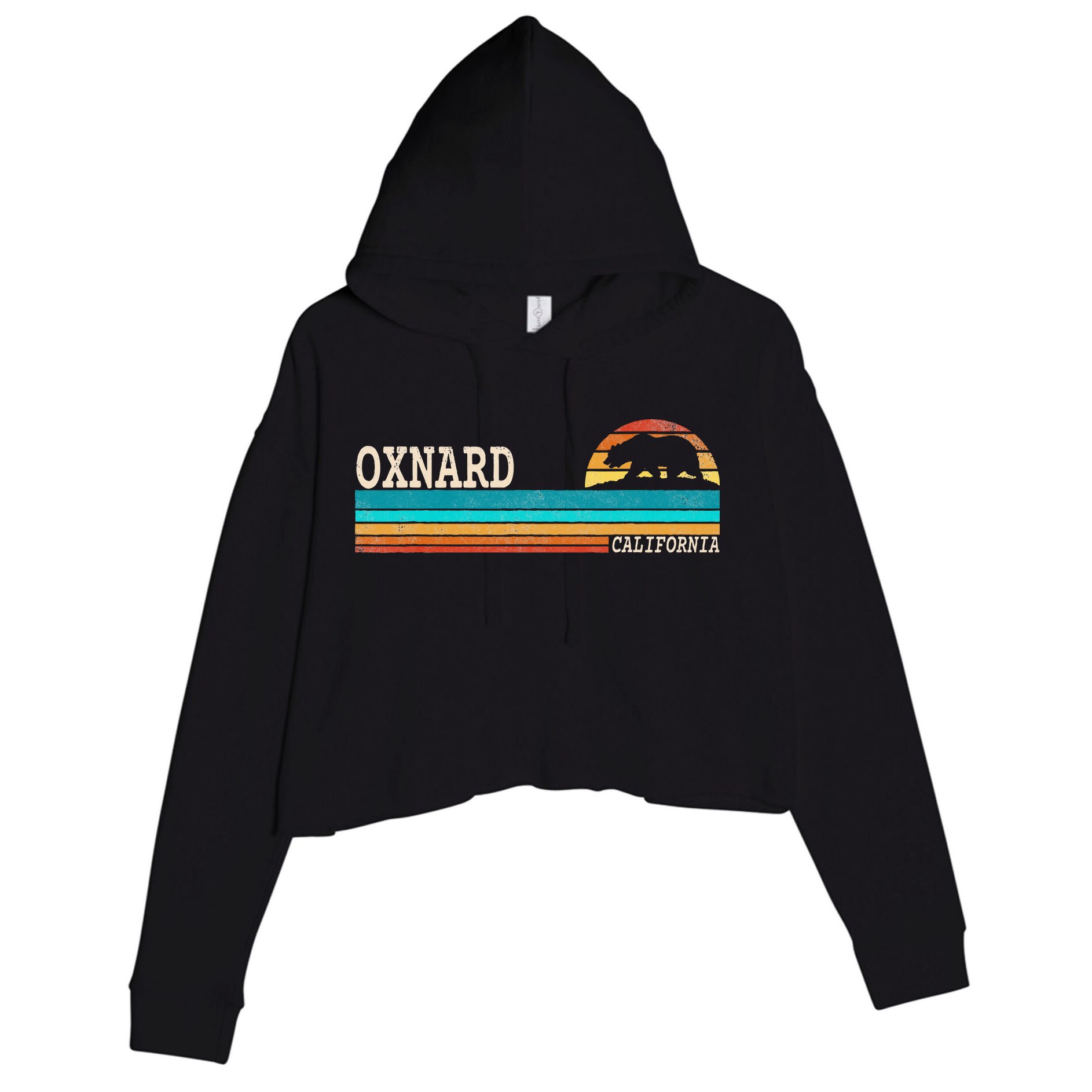 Oxnard California State Bear Retro Sunset Crop Fleece Hoodie