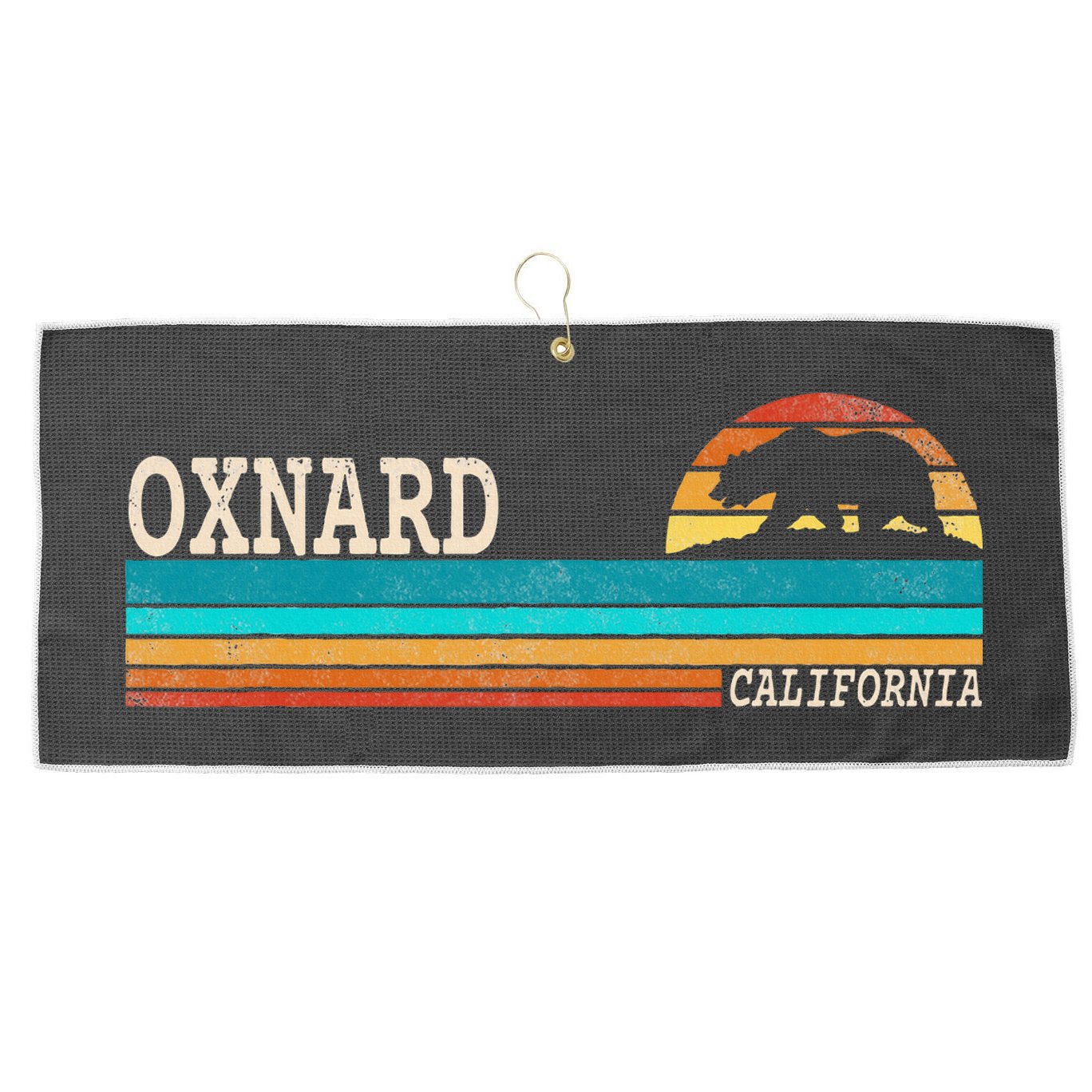 Oxnard California State Bear Retro Sunset Large Microfiber Waffle Golf Towel