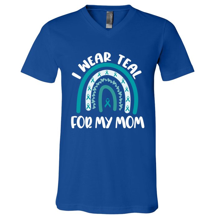 Ovarian Cancer Support Awareness Boho I Wear Teal For My Mom Gift V-Neck T-Shirt