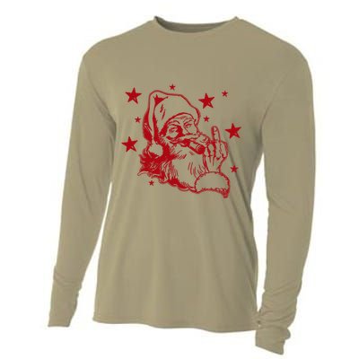 Offensive Christmas Santa Claus Middle Finger Humor Cooling Performance Long Sleeve Crew