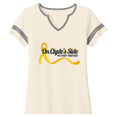 On ClydeS Side Baseball We Fight Together Cancer Awareness Ladies Halftime Notch Neck Tee