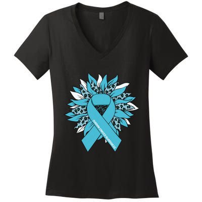 Ovarian Cancer Shirts Sunflower Ovarian Cancer Awareness Women's V-Neck T-Shirt