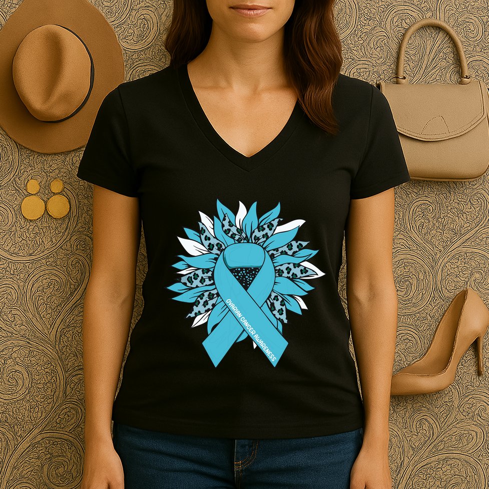 Ovarian Cancer Shirts Sunflower Ovarian Cancer Awareness Women's V-Neck T-Shirt