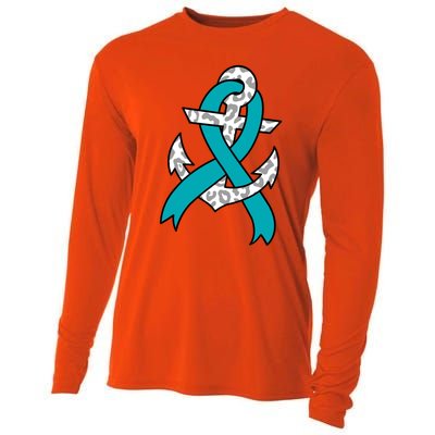 Ovarian Cancer Teal Ribbon Awareness Refuse To Sink Anchor Gift Cooling Performance Long Sleeve Crew