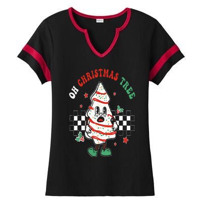 Oh Christmas Tree Cakes Debbie Becky Jen Groovy Retro Pajama Ladies Halftime Notch Neck Tee