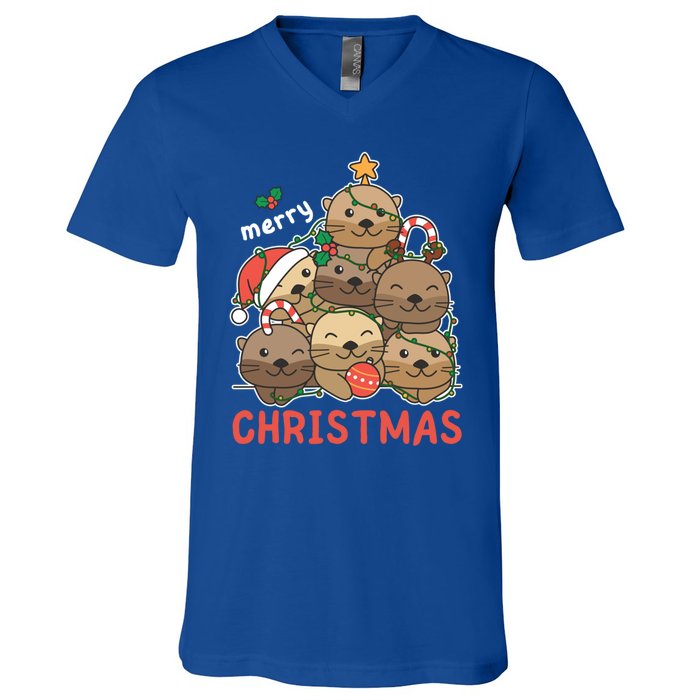 Otter Christmas Tree Funny Animal Merry Christmas Cute Gift V-Neck T-Shirt