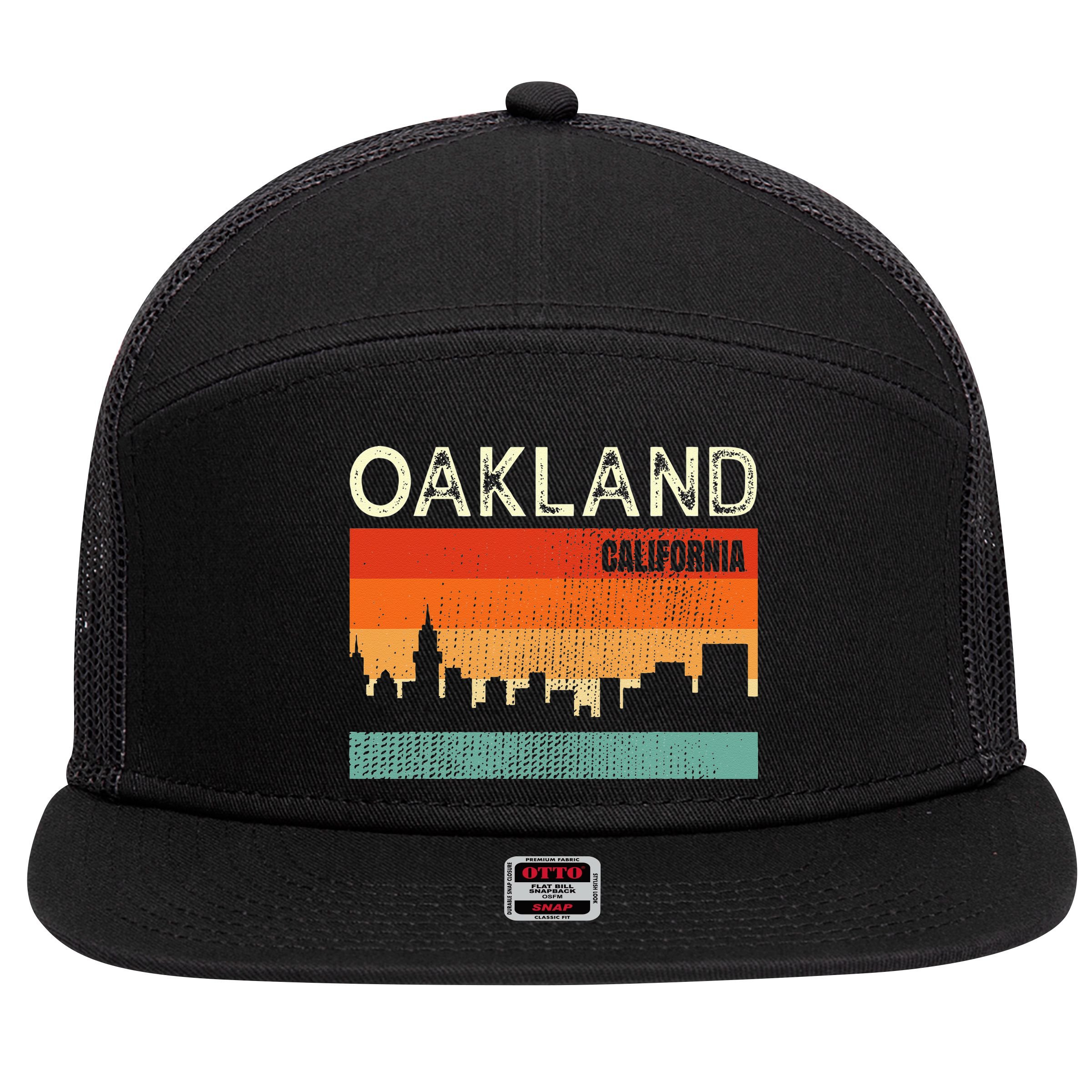 Oakland California Town Skyline 7 Panel Mesh Trucker Snapback Hat