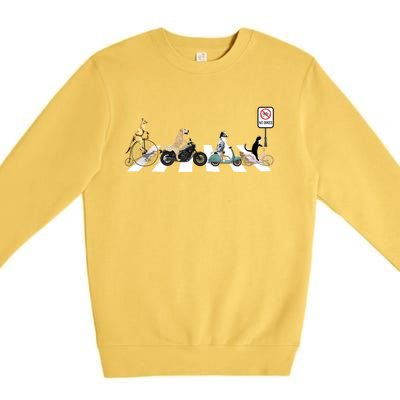 One Cat Two Dogs And A Kangaroo Crossing The Street Gift Premium Crewneck Sweatshirt