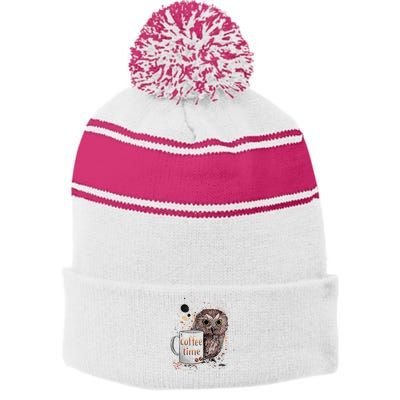 Owl Coffee Time Oil Color Art Stripe Pom Pom Beanie
