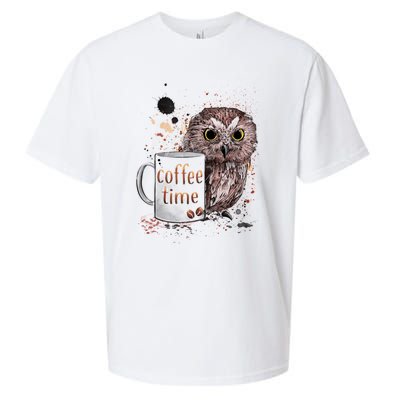 Owl Coffee Time Oil Color Art Sueded Cloud Jersey T-Shirt