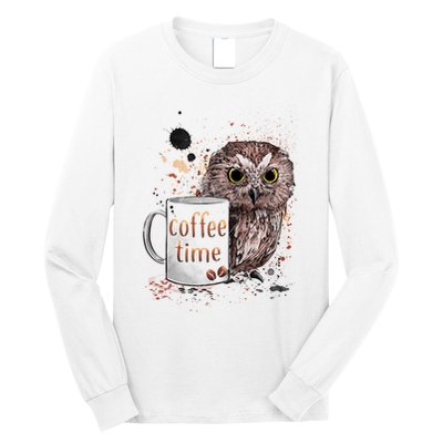Owl Coffee Time Oil Color Art Long Sleeve Shirt