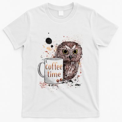 Owl Coffee Time Oil Color Art T-Shirt