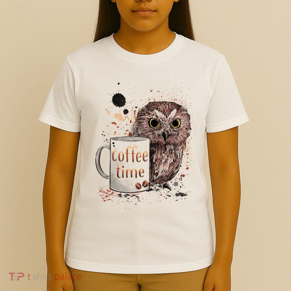 Owl Coffee Time Oil Color Art T-Shirt