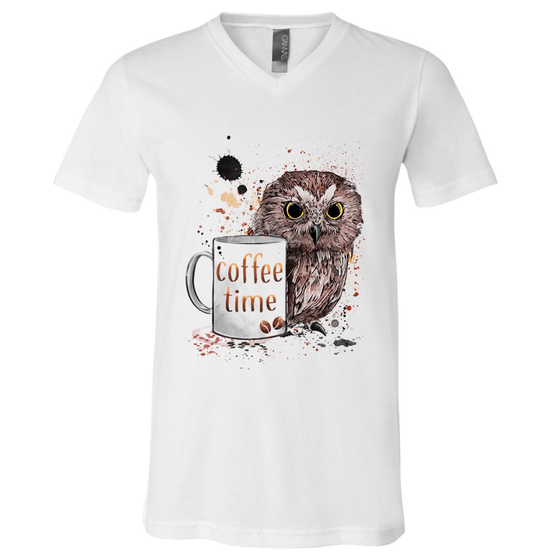 Owl Coffee Time Oil Color Art V-Neck T-Shirt