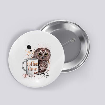 Owl Coffee Time Oil Color Art Button