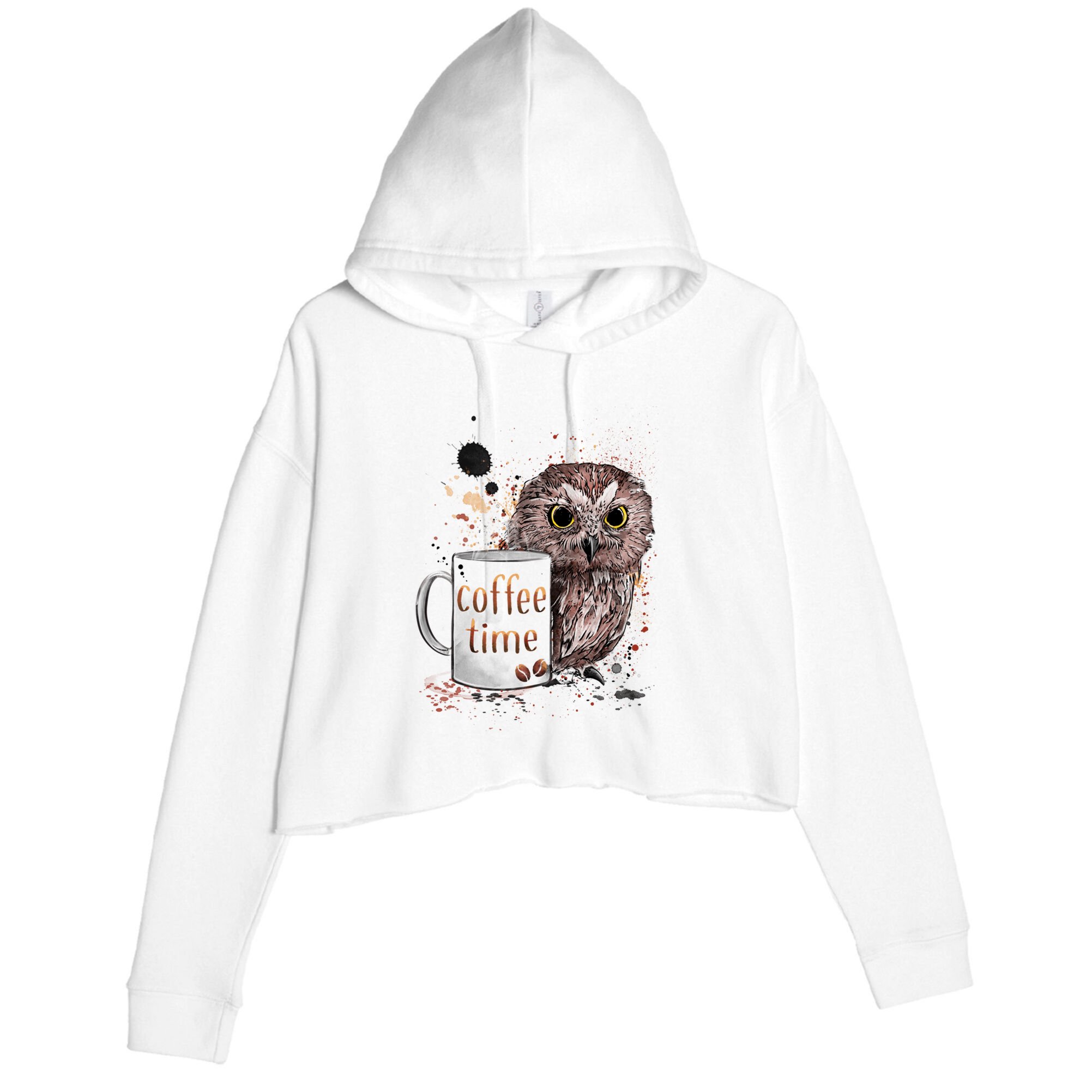 Owl Coffee Time Oil Color Art Crop Fleece Hoodie