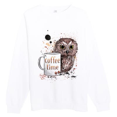 Owl Coffee Time Oil Color Art Premium Crewneck Sweatshirt