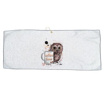 Owl Coffee Time Oil Color Art Large Microfiber Waffle Golf Towel