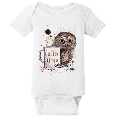 Owl Coffee Time Oil Color Art Baby Bodysuit