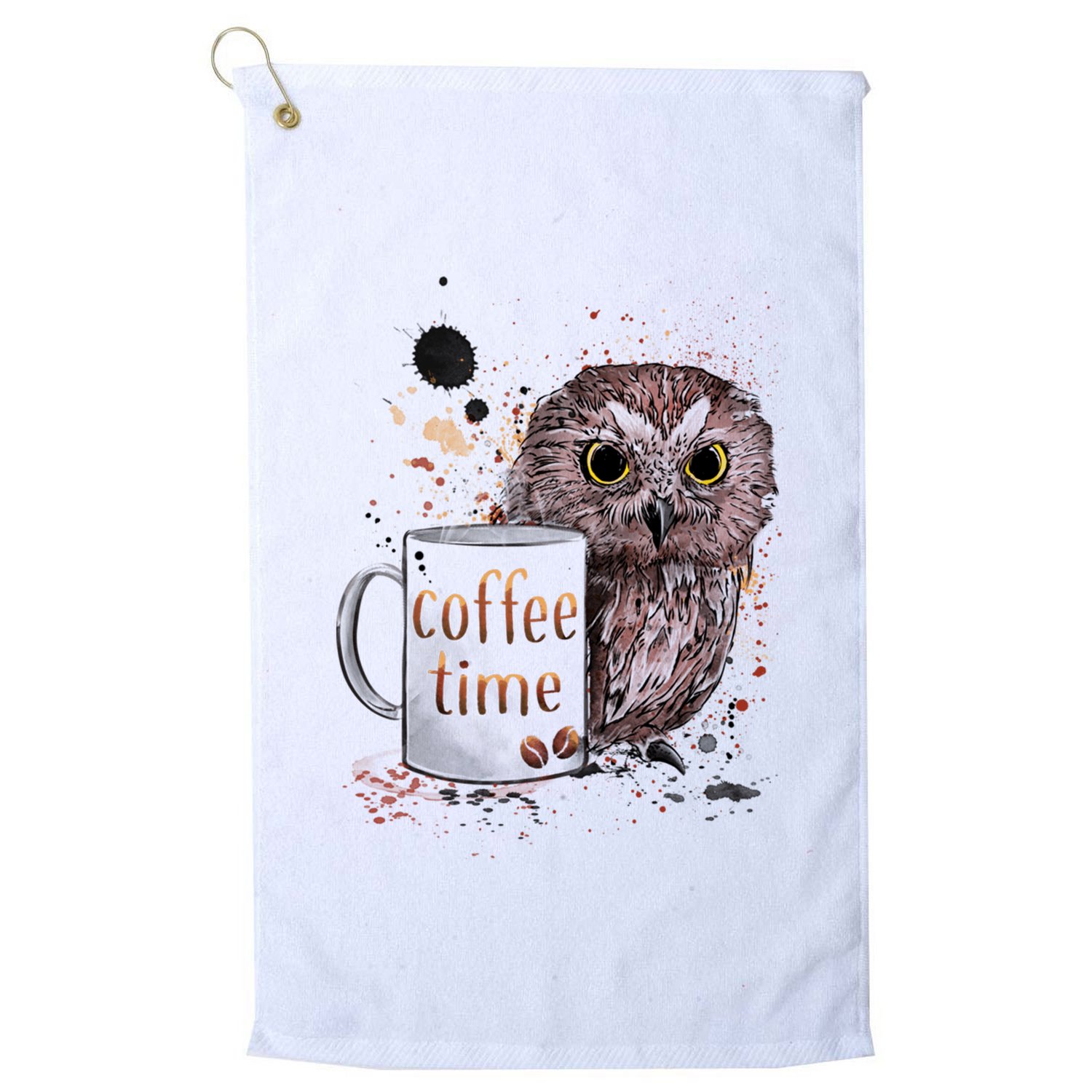 Owl Coffee Time Oil Color Art Golf Towel