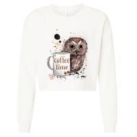 Owl Coffee Time Oil Color Art Cropped Pullover Crew