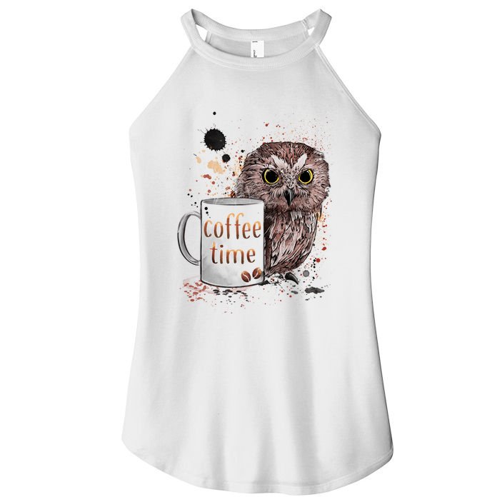 Owl Coffee Time Oil Color Art Women's Perfect Tri Rocker Tank