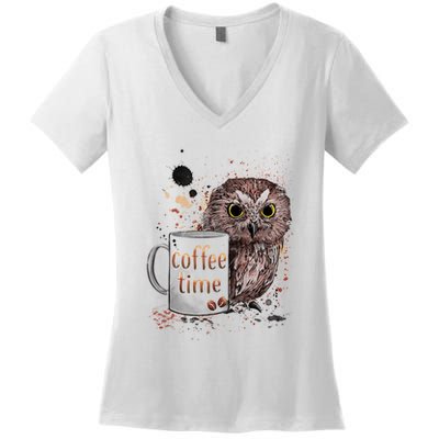 Owl Coffee Time Oil Color Art Women's V-Neck T-Shirt
