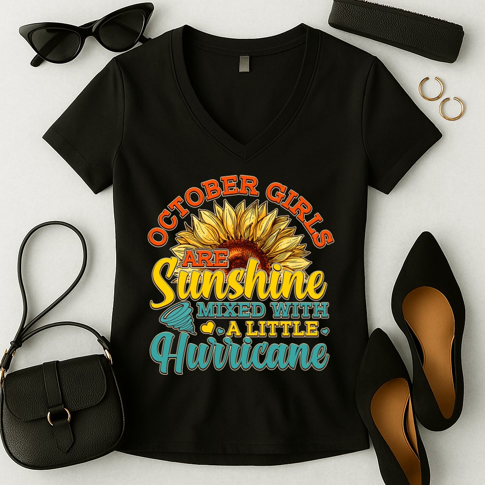 October Girls Are Sunshine Mixed With A Little Hurricane Sunflower Birthday Women's V-Neck T-Shirt