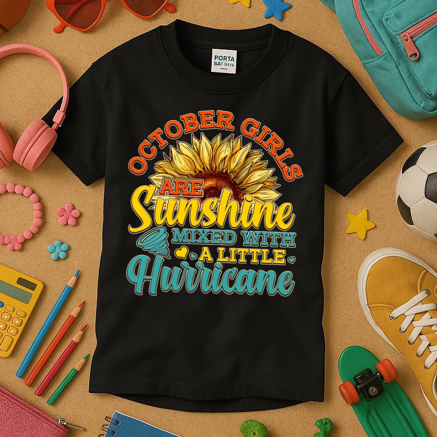 October Girls Are Sunshine Mixed With A Little Hurricane Sunflower Birthday Kids T-Shirt