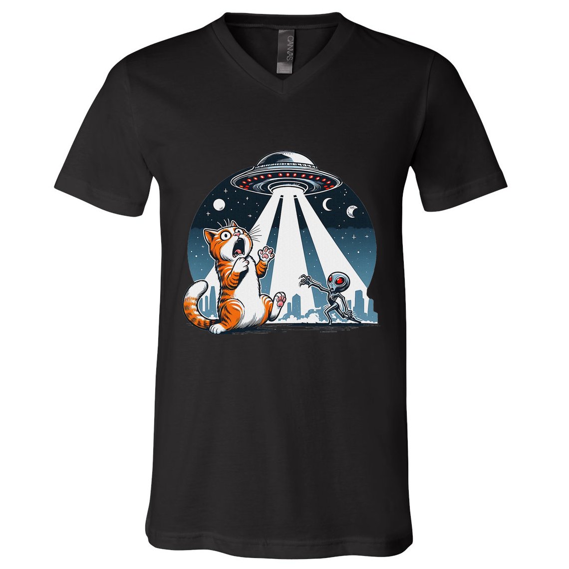 Orange Cat Ufo V-Neck T-Shirt