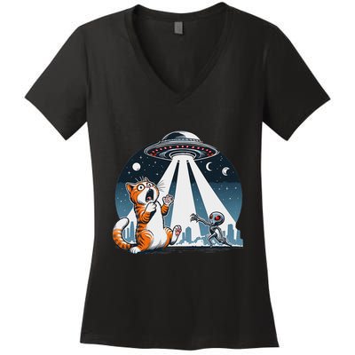 Orange Cat Ufo Women's V-Neck T-Shirt